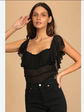 Free People Black Ruffled Juliet Bodysuit | Sheer Camisole | Large